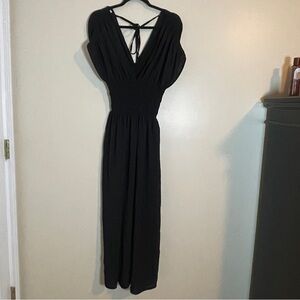 Black Maxi Dress Size XL Black V-neck Ruched Waist Tie Back Summer Dress